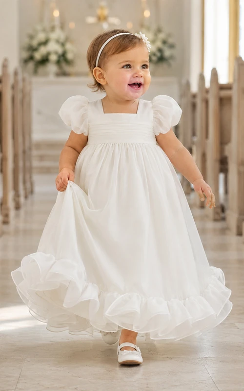 Square Neck Ruffled Hem Baby Christening A-Line Puff Sleeve Dress Simple