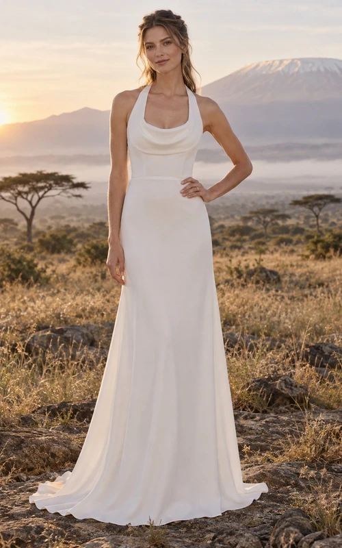 Vestido de novia sencillo de gasa con escote drapeado, cuello halter y tirantes anchos en la espalda.