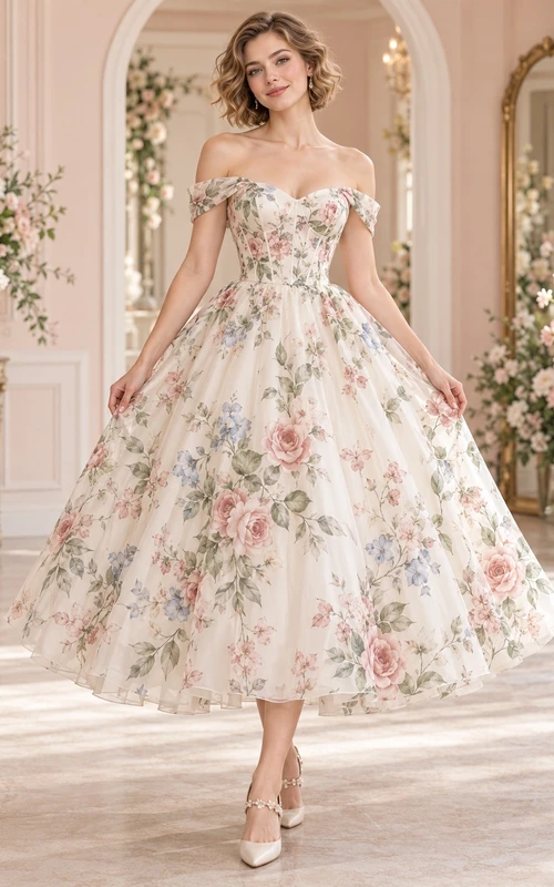 Tea-length Off Shoulder Floral Rose Print Satin A-line Wedding Dress