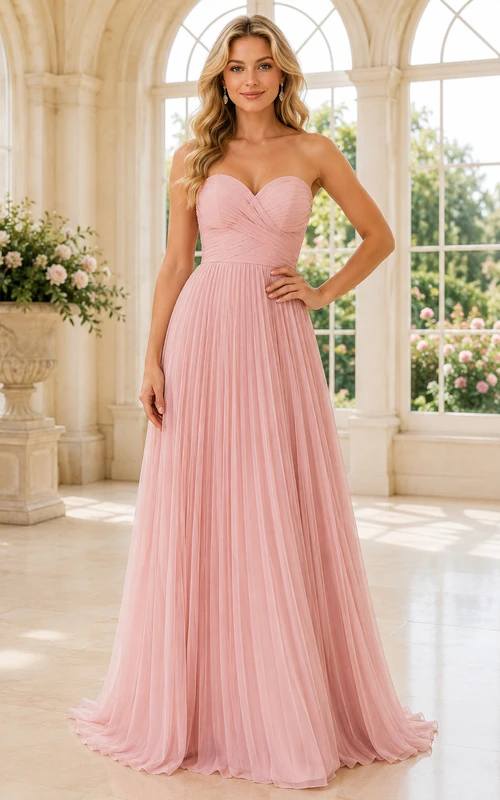 Plus Size Blushing Pink Strapless Pleated Chiffon A-Line Bridesmaid Dress