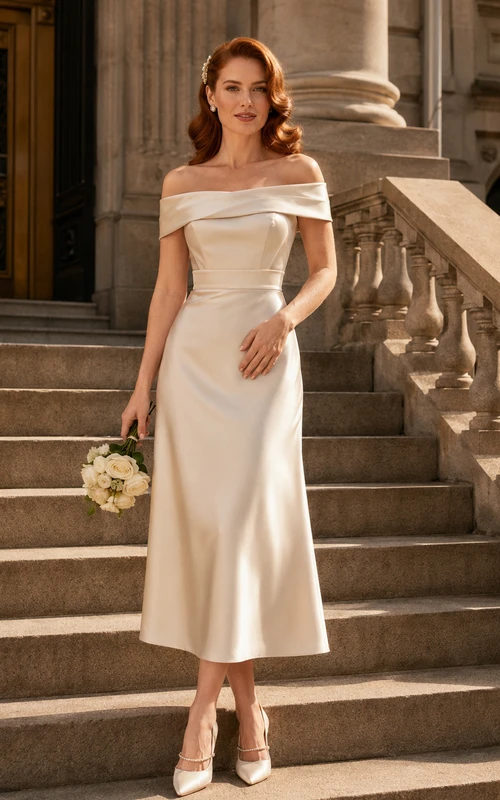Schulterfreies Brautkleid aus Satin in Teelänge