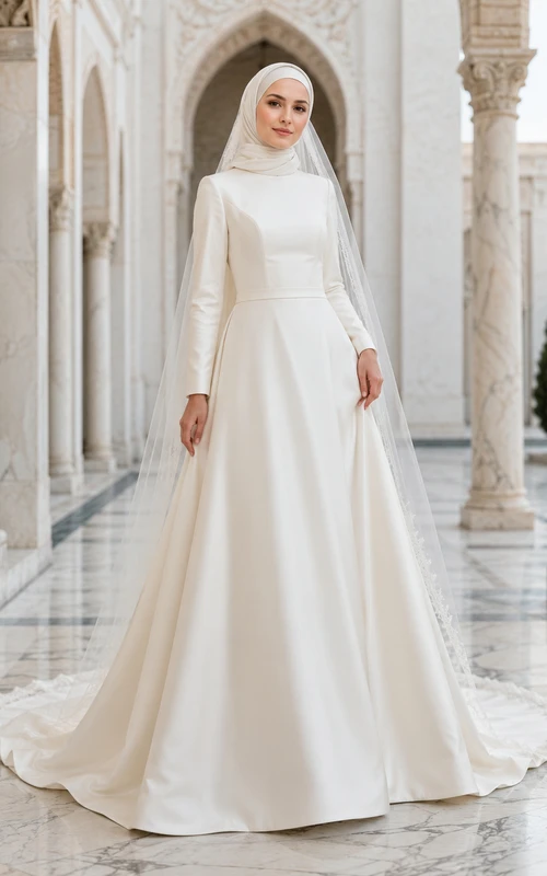 Modest Hijab High Neck Satin Ball Gown Wedding Dress