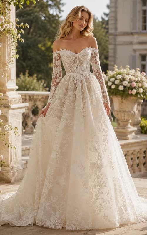 Vestido de novia de encaje color champán con escote Bardot, corte en A y mangas largas.