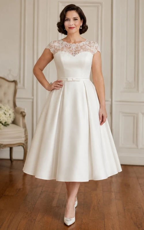 Vintage Teelänge, U-Boot-Ausschnitt, kurze Ärmel, Spitze, Satin, A-Linie, schlichtes Brautkleid