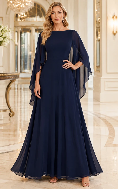 Vestido formal modesto de gasa azul marino con mangas tipo capa y escote barco, largo hasta el suelo.
