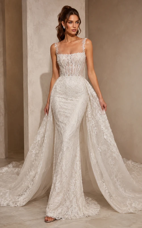 Robe de mariée de soirée en satin et dentelle, col carré, sans manches, fourreau, traîne chapelle, jupon amovible