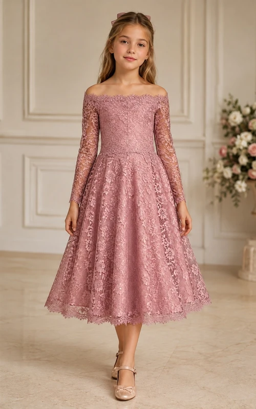 Dusty Rose Romantic Off-Shoulder Lace-Tulle Long-Sleeve A-Line Tea-Length Dress
