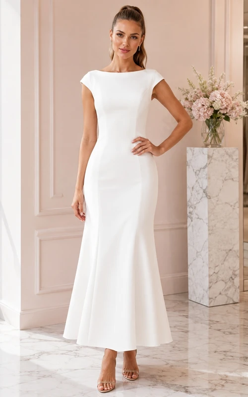 White Guest Mermaid Jersey Bateau Cap Sleeve Ankle-Length Modern Elegant Dress