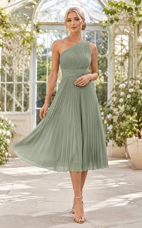 Vestido formal moderno de gasa sin mangas, de un solo hombro, corte en A y largo hasta la rodilla, color verde salvia.