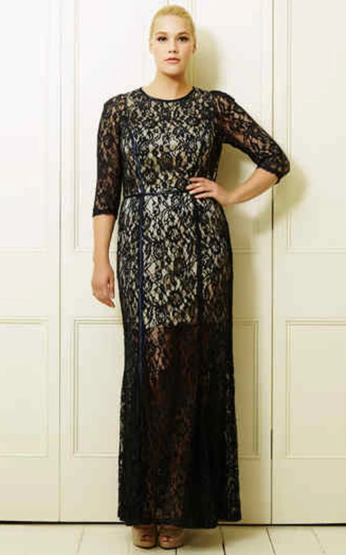 Vestido de fiesta de talla grande con encaje, escote redondo y manga corta hasta los tobillos