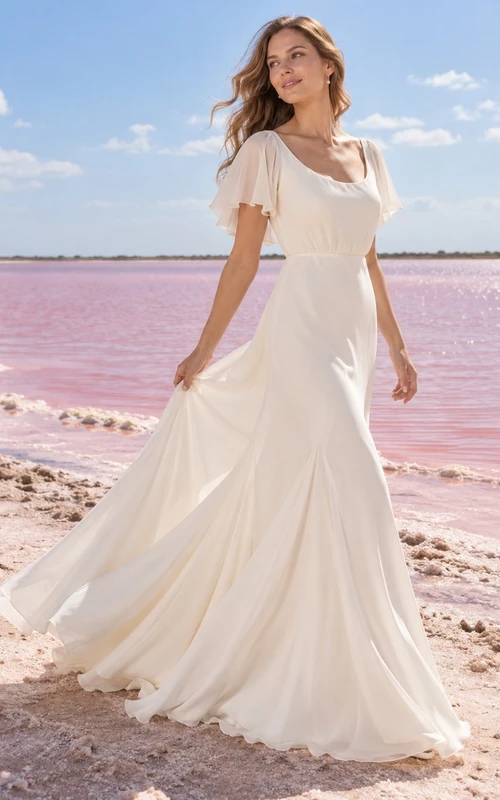Vestido de novia sencillo de corte A con escote redondo, mangas cortas con volantes y cintura fruncida, de gasa.