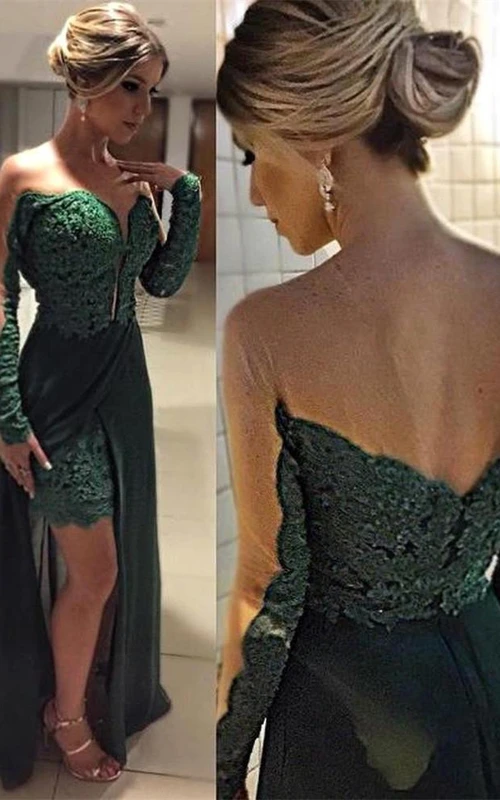 Élégantes robes de soirée vertes à manches longues, jupe longue en dentelle appliquée