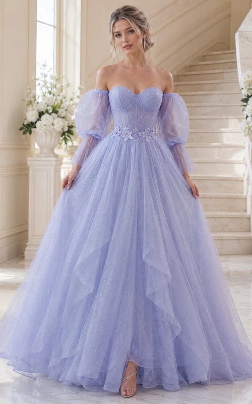 Robe de mariée bustier en tulle pailleté lavande à manches bouffantes
