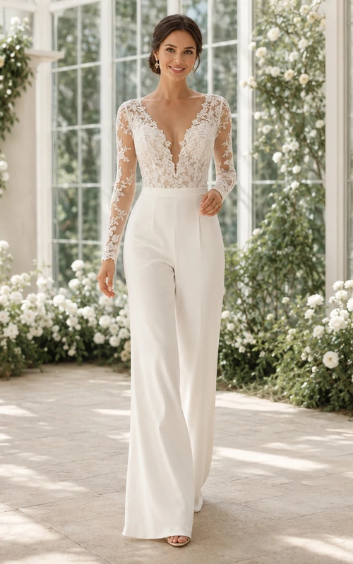 Romantic V-Neck Long Illusion Sleeve Lace Satin Wide Leg Bridal Wedding Jumpsuit