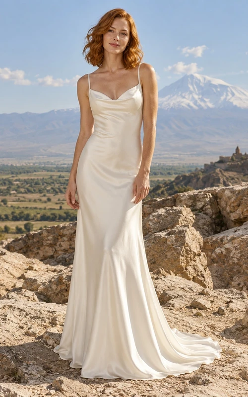 Vestido de novia sencillo de satén con escote corazón y tirantes finos, con cola.
