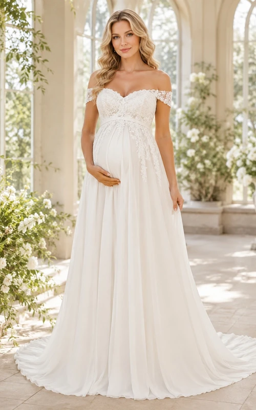 Vestido de novia de maternidad estilo imperio con hombros descubiertos y cola de encaje