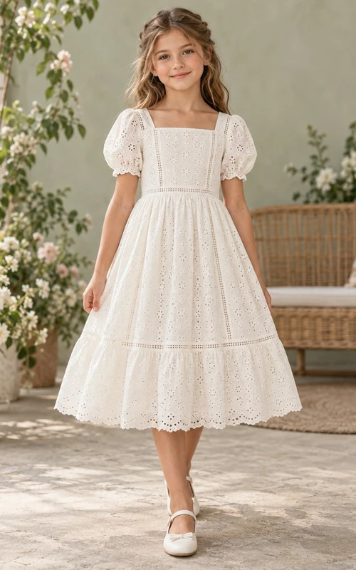 Square Neck Vintage Tea-length Ivory Puff Sleeve Eyelet Cotton Flower Girl Dress