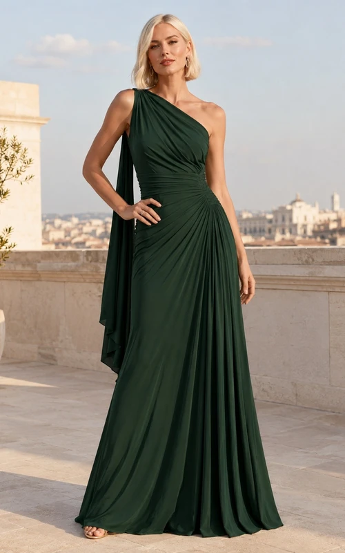 Vestido largo drapeado sin mangas de corte A, asimétrico, de jersey verde bosque con un solo hombro.