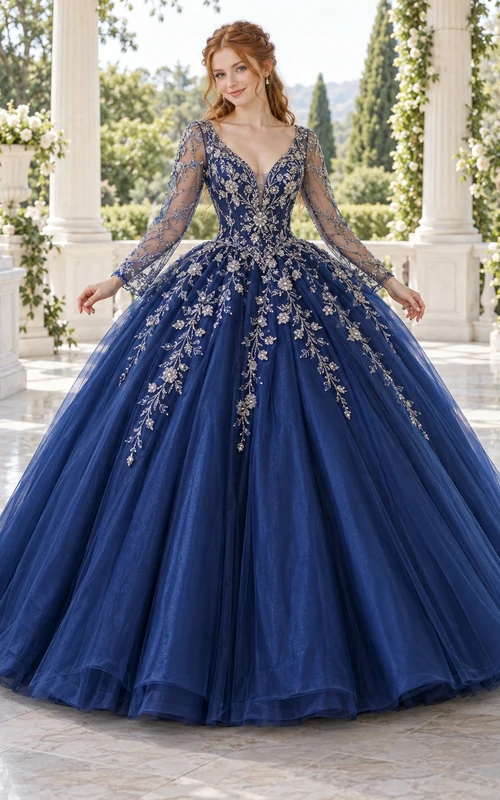 Robe de bal de quinceañera en tulle brodé, bleu marine foncé, manches longues, col en V, broderies, manches longues et col en V