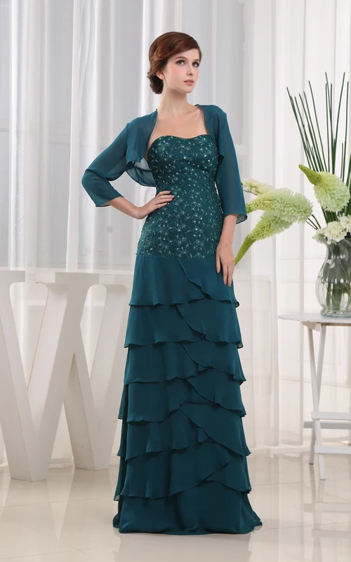 Trägerloses langes Chiffonkleid mit Perlenstickerei und Applikationen