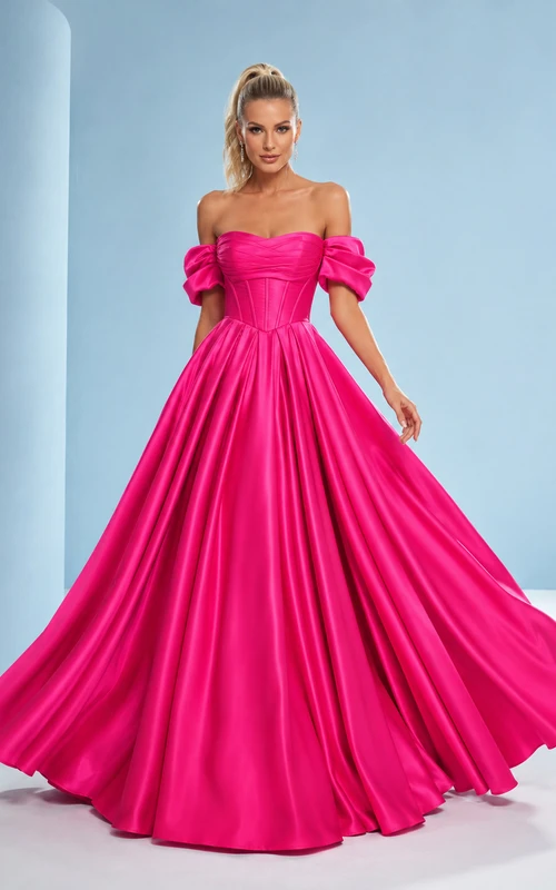 Vestido de fiesta de quinceañera largo hasta el suelo, de satén fucsia, con escote corazón, mangas abullonadas y hombros descubiertos.