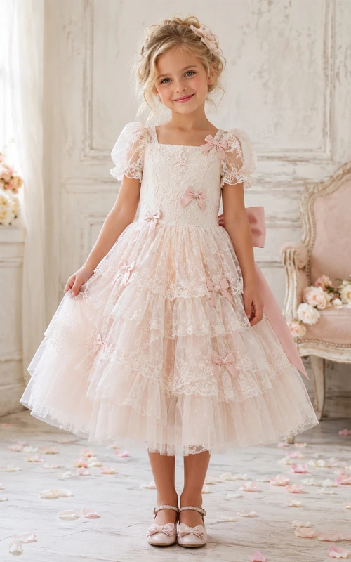 Flower Girl Dress A-Line Blush Lace Tulle Ruffle Bow Party