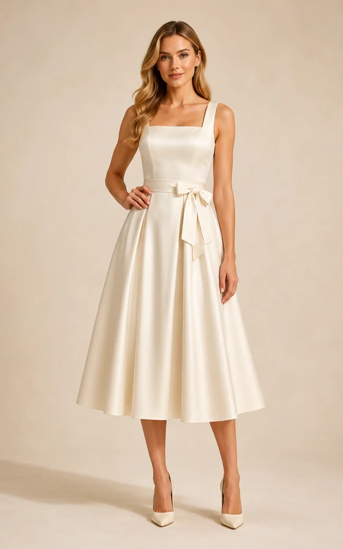 Vestido de fiesta elegante de estilo vintage color champán, largo hasta la rodilla, con tirantes cuadrados y fajín de satén.