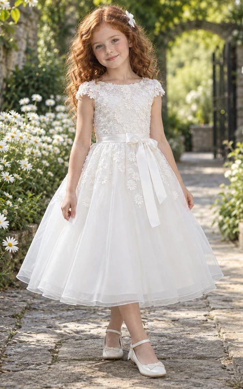 Vestido de niña de flores blanco de corte A con estampado floral, mangas cortas y apliques de lazo lateral.