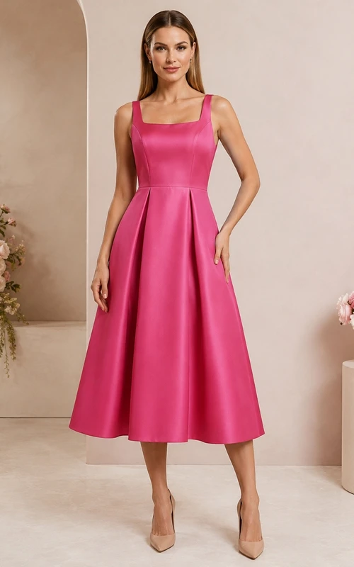 Vestido de cóctel rosa de satén con escote cuadrado, sin mangas, corte en A y largo hasta la rodilla