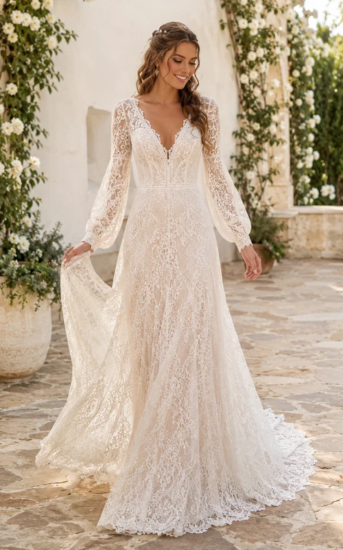 Bohemian V Neck Lace Wedding A Line Long Bell Sleeve Sweep Train