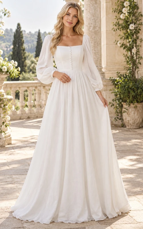 Vestido de novia sencillo de corte A con mangas largas, escote cuadrado, botones en la parte delantera, puños y fruncido.