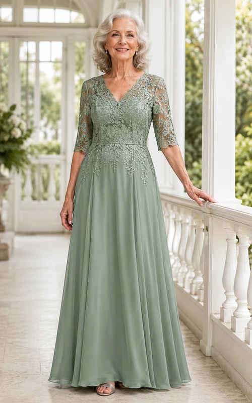 Celadonfarbenes Mutterkleid mit V-Ausschnitt, Dreiviertelärmeln aus Spitze und A-Linie – romantischer Gartenstil