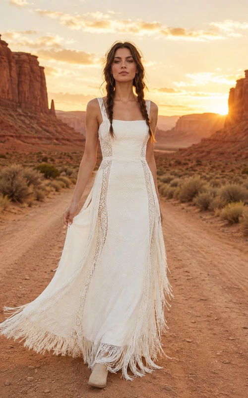 Robe de mariée bohème fourreau à franges et col carré style désert