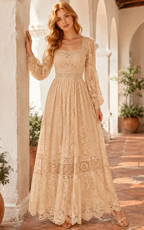 Vintage Champagne Square Neck Long Bell Sleeve Geometric Lace A-Line Floor-Length Dress