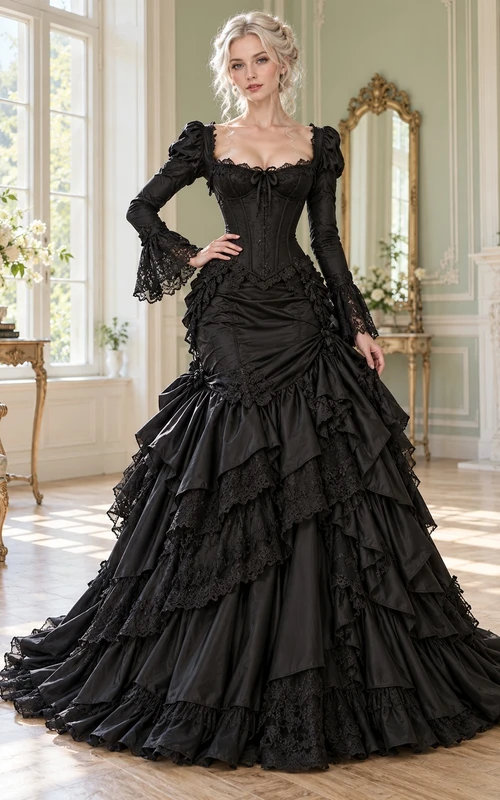 Robe de soirée gothique victorienne noire à col carré et traîne sirène à volants