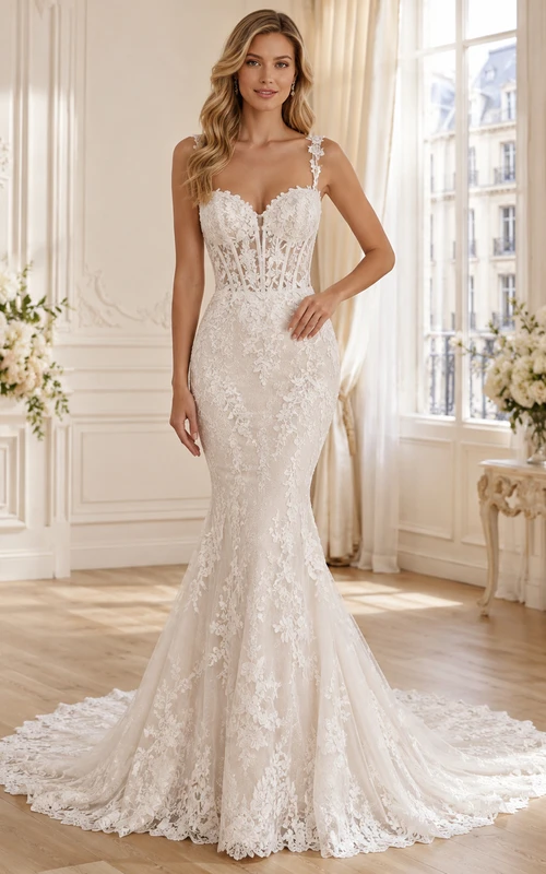 Robe de mariée sirène sans manches en dentelle royale, bretelles cœur et traîne chapelle, ornée d'appliqués floraux, style jardin.