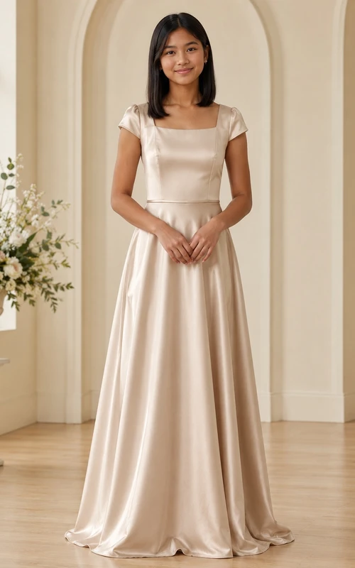 Vestido de dama de honor juvenil, corte en A, manga corta cuadrada, charmeuse elegante