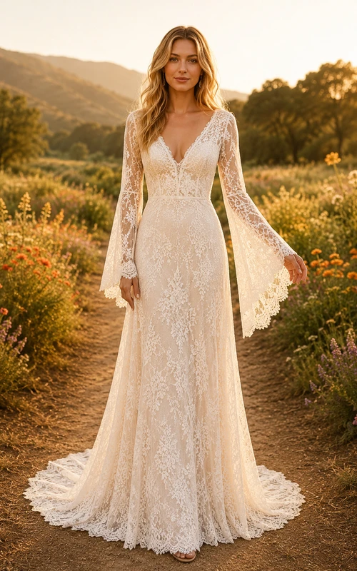 Robe de mariée bohème en dentelle à manches longues et manches cloche