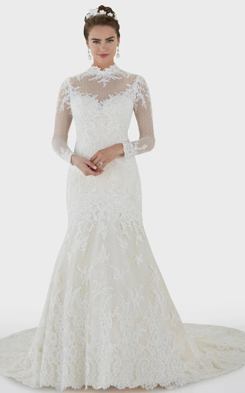Vestido de novia de encaje de manga larga con cuello alto estilo sirena con ilusión y ilusión