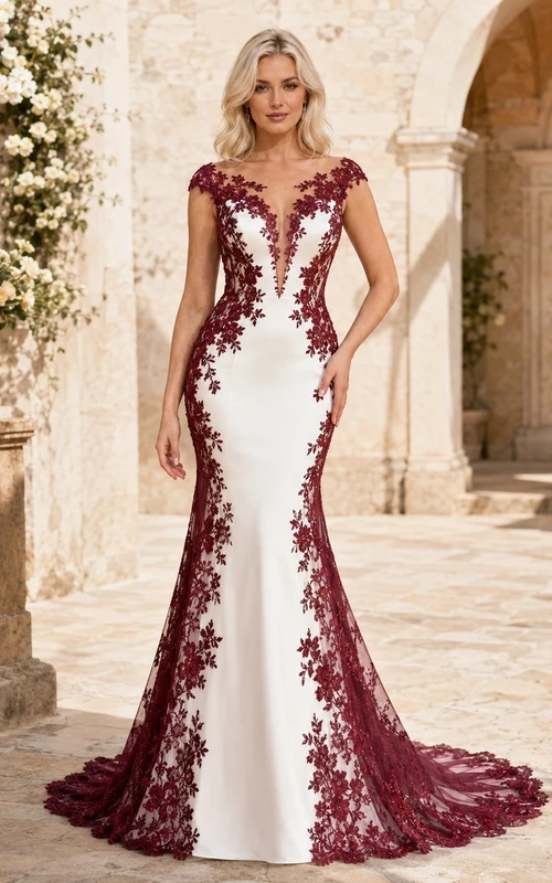 Robe de mariée sirène bordeaux à col V, manches courtes et dentelle brodée, avec cape et traîne.