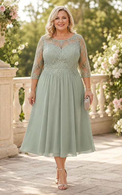 Plus Size Sage Lace Modest Mother Dress Illous Cube Scoop Three-Tri-Sleeves A-Line Tea-Length Dress
