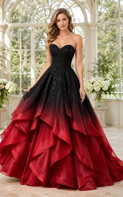 Black Red Strapless Sweetheart Applique Ruffled Ball Gown Floor-Length Quinceanera Dress