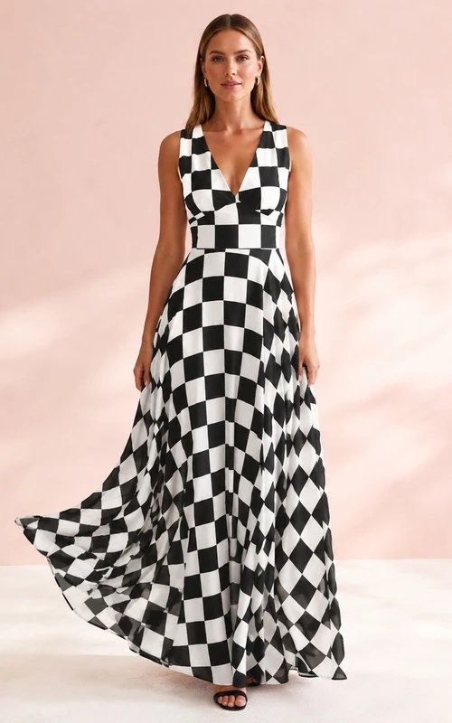 Vestido de gala largo hasta el suelo, sin mangas, con escote en V y estampado de cuadros.