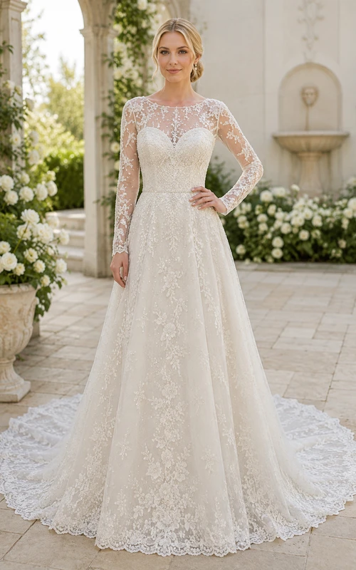 Robe de mariée en dentelle et tulle, coupe trapèze, bustier cœur, manches longues, traîne.