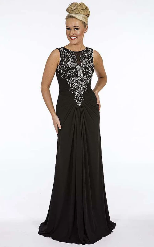 Ärmelloses, figurbetontes, perlenbesetztes, langes Chiffon-Abendkleid mit transparentem Rückenausschnitt und Drapierung