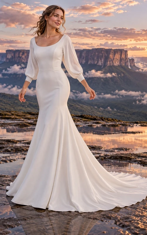 Vestido de novia de crepé con escote redondo estilo sirena, mangas tres cuartos y cola larga.