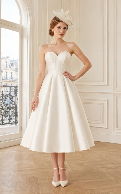 Vestido de novia de satén hasta la rodilla, corte en A, para ceremonia nupcial.