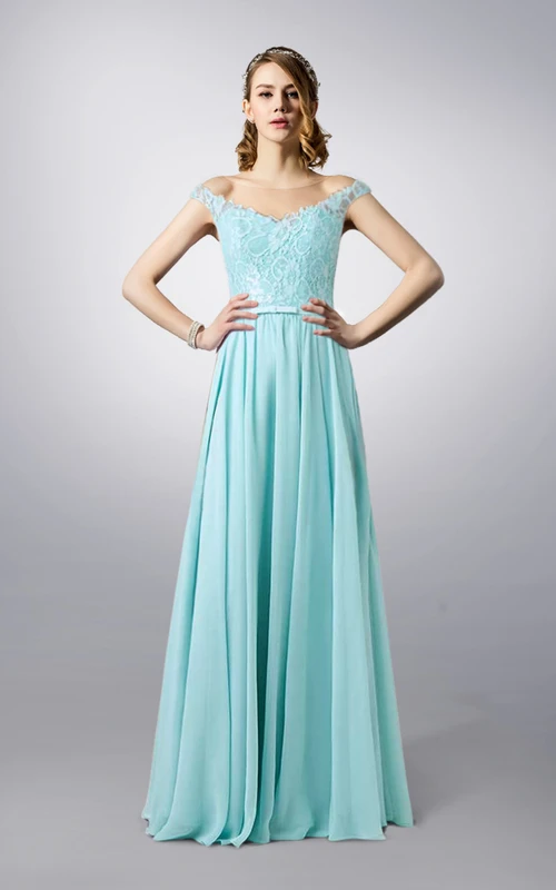 Bateau Neck Lace and Chiffon Long Dress With Illusion Back