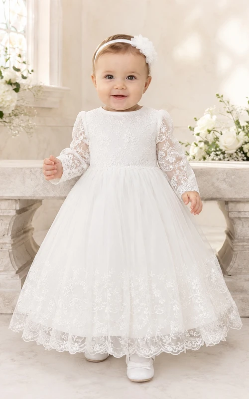Weißes Baby-Taufkleid aus Spitze mit Rundhalsausschnitt, langen Ärmeln, A-Linie und Knöchellänge