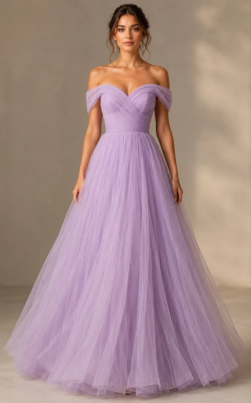 Vestido de fiesta lila con hombros descubiertos, falda de tul fluida y corpiño plisado.